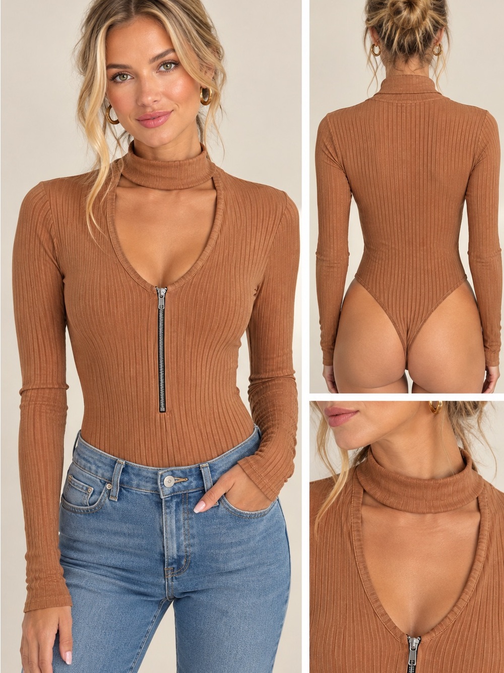 Missguided Ribbed Mock Neck Zip-Front Bodysuit - Brown